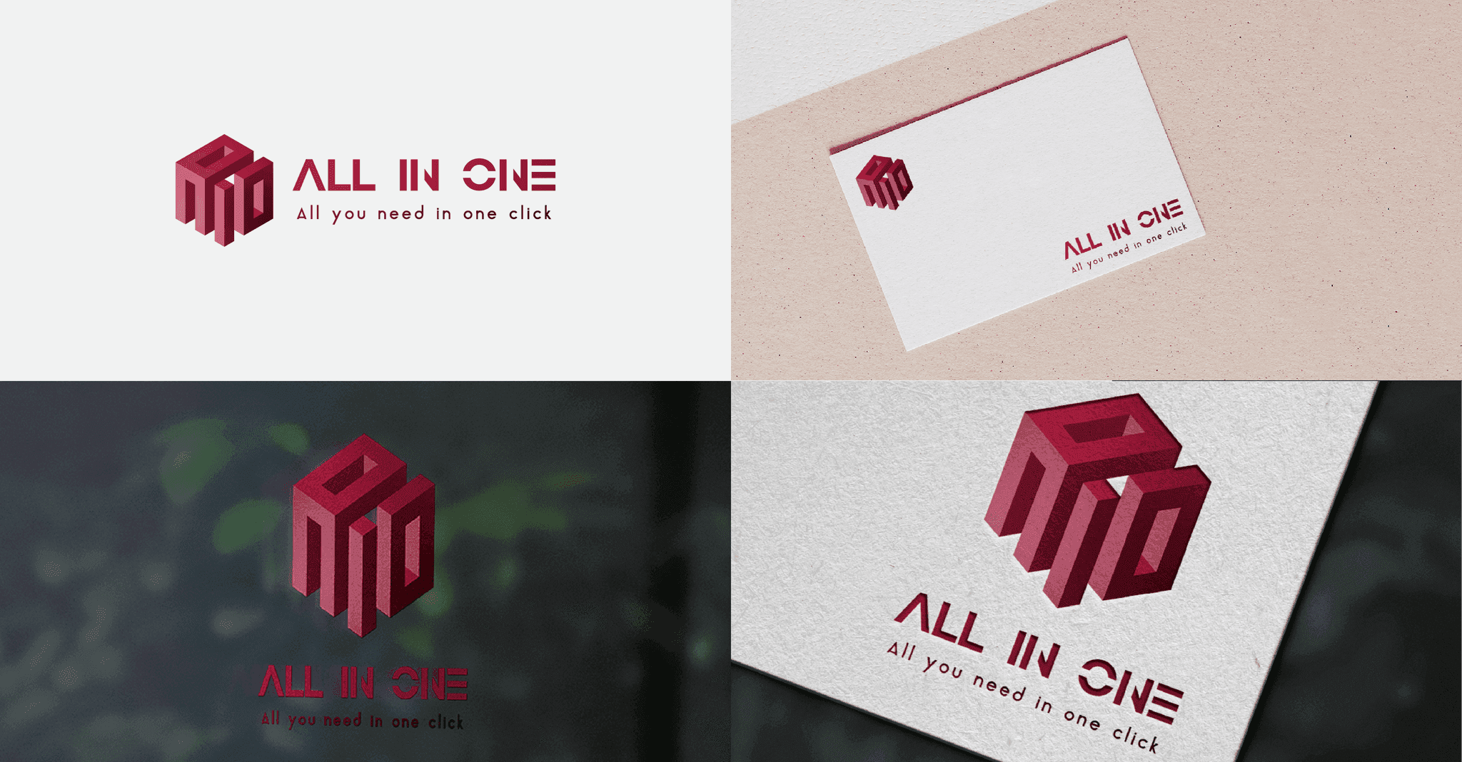 All In One identity: dimensional mark, business cards, and signage