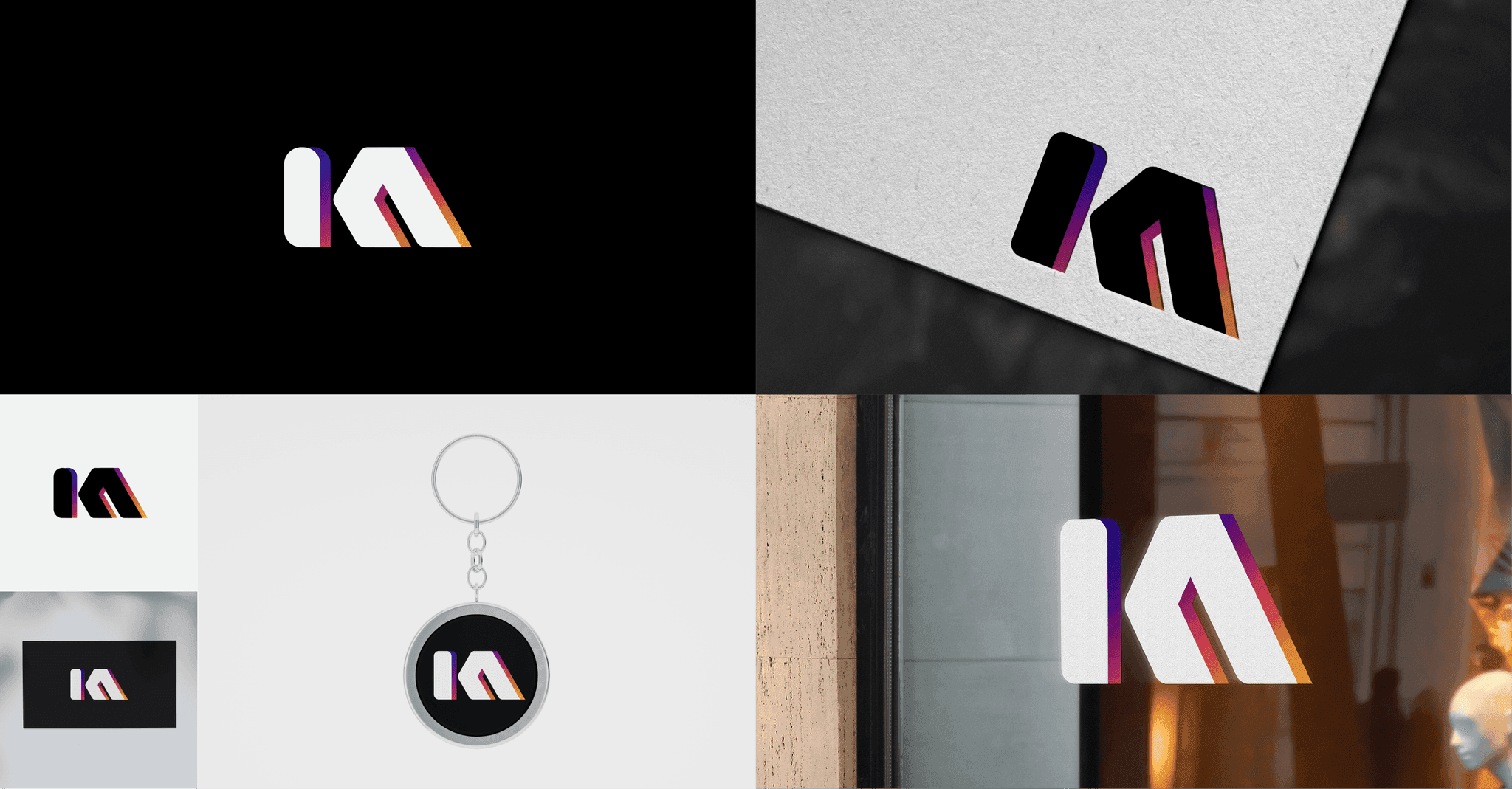 IA monogram identity in black and magenta across signage and merchandise