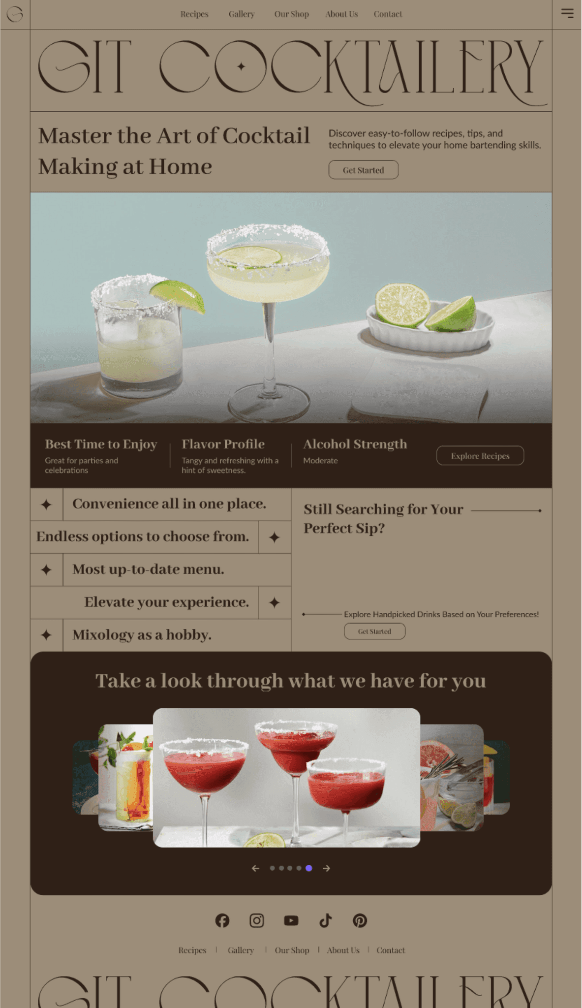 Cocktail bar landing page with warm editorial layout