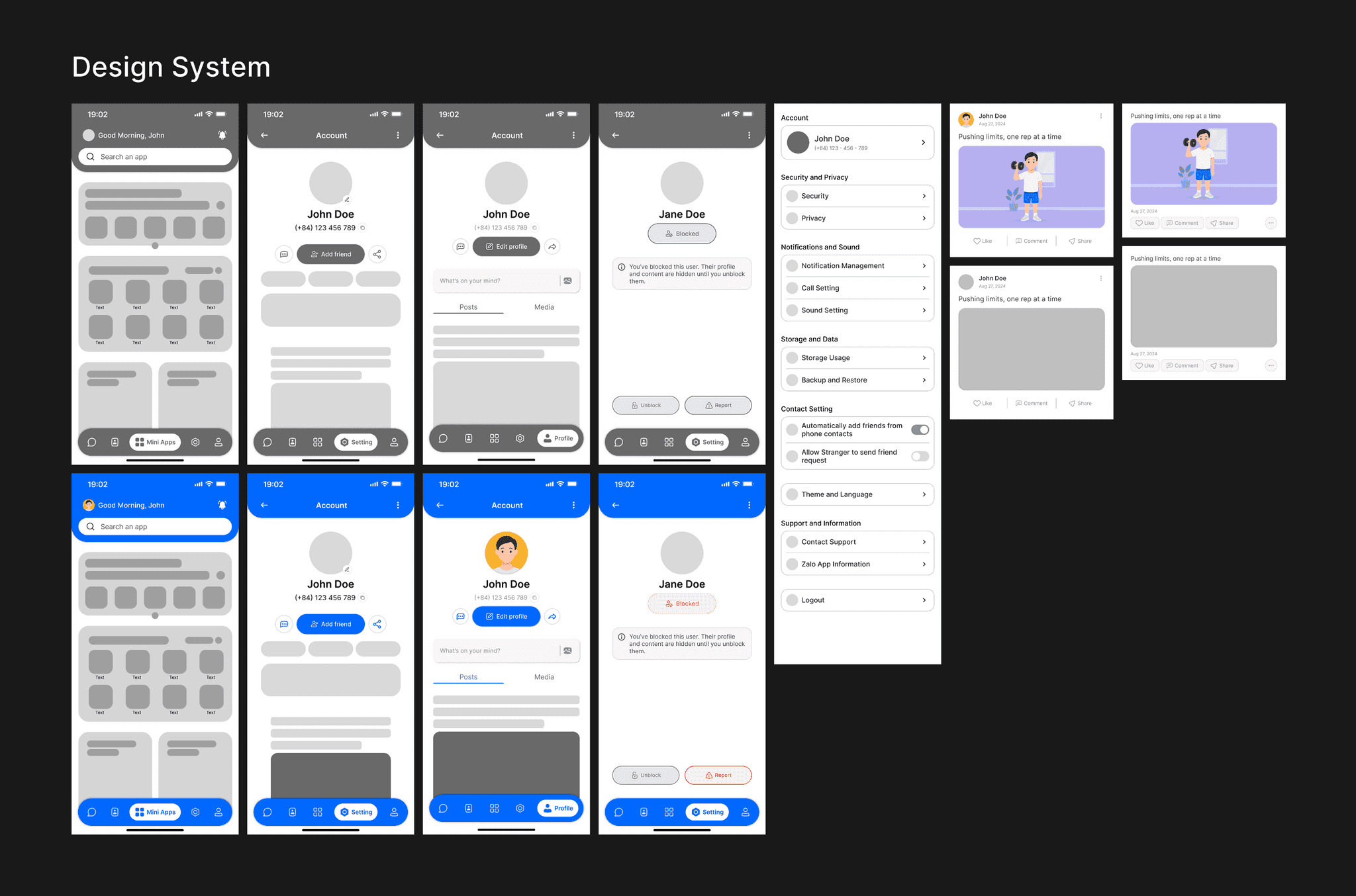 Wireframe sheet mapping messaging, contacts, profile, and utility flows