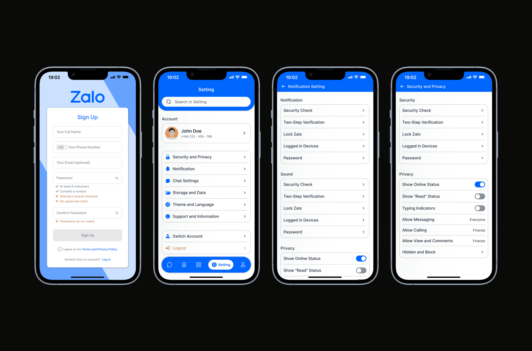 Final Zalo screens across chat list, contacts, utilities, and profile