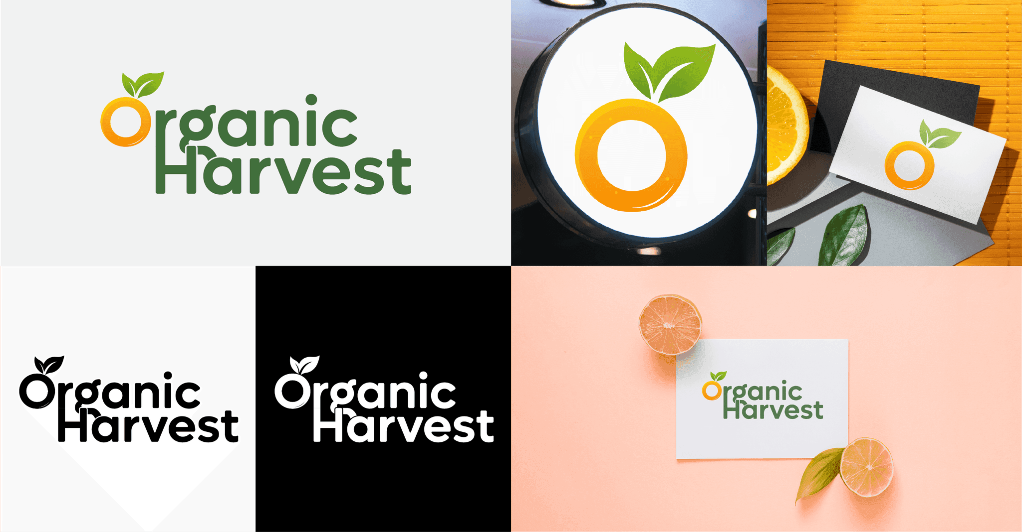 Organic Harvest identity: logo lockups and citrus packaging