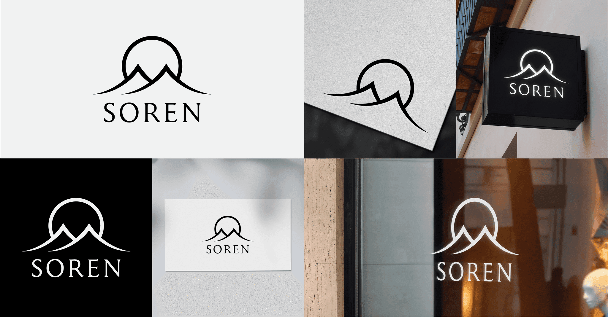 SOREN identity: mountain mark, signage, and packaging