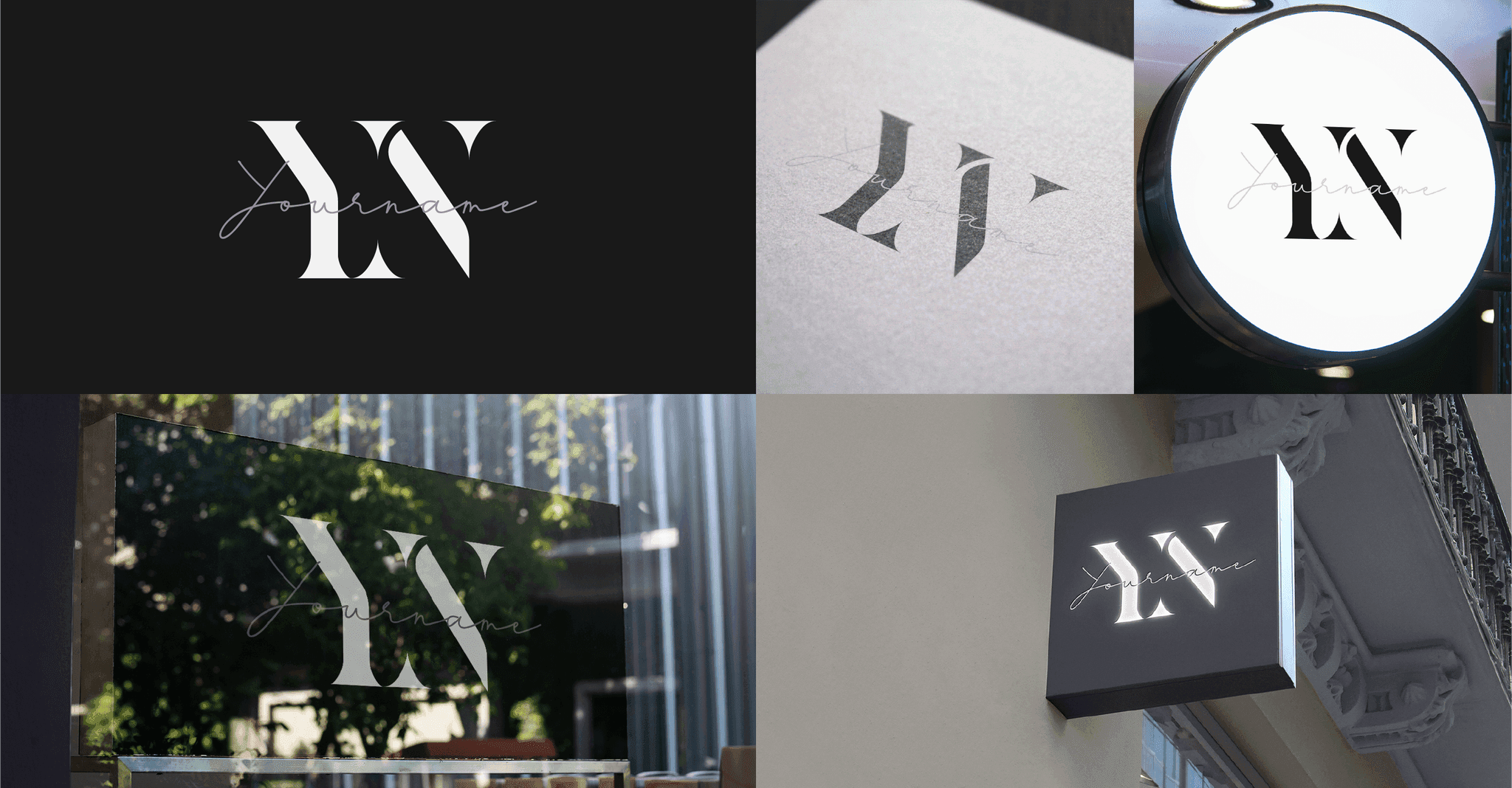 XN monogram identity across signage, stationery, and environmental applications