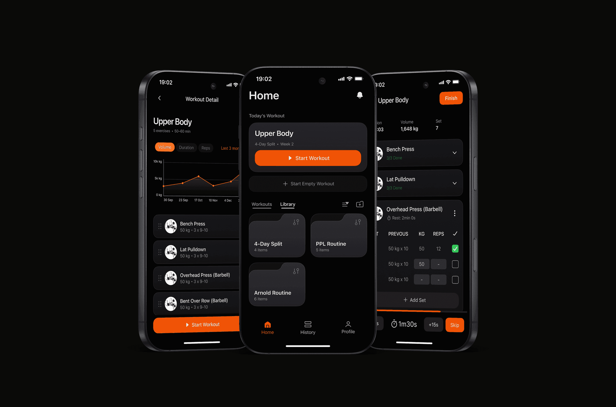 Reps app screens showing workout logging, home, and exercise library