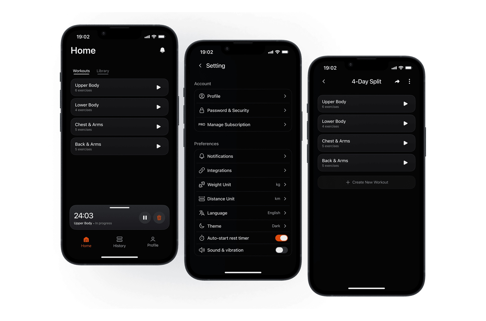 Reps home, workout detail, and settings screens