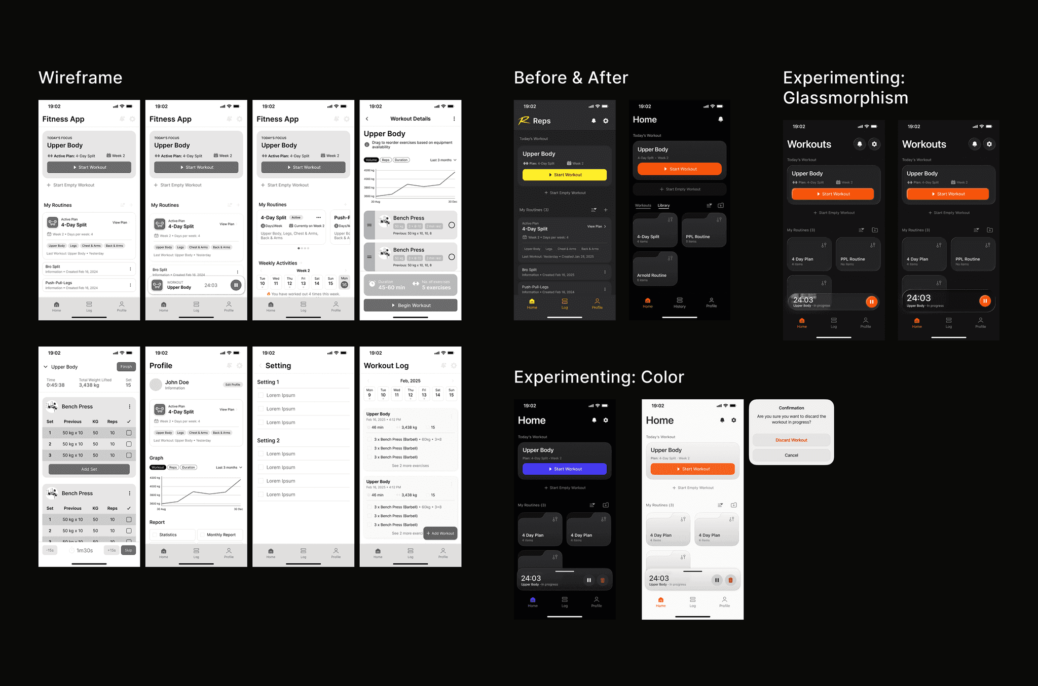 Wireframe sheet covering workout logging, before and after states, and experiments with color