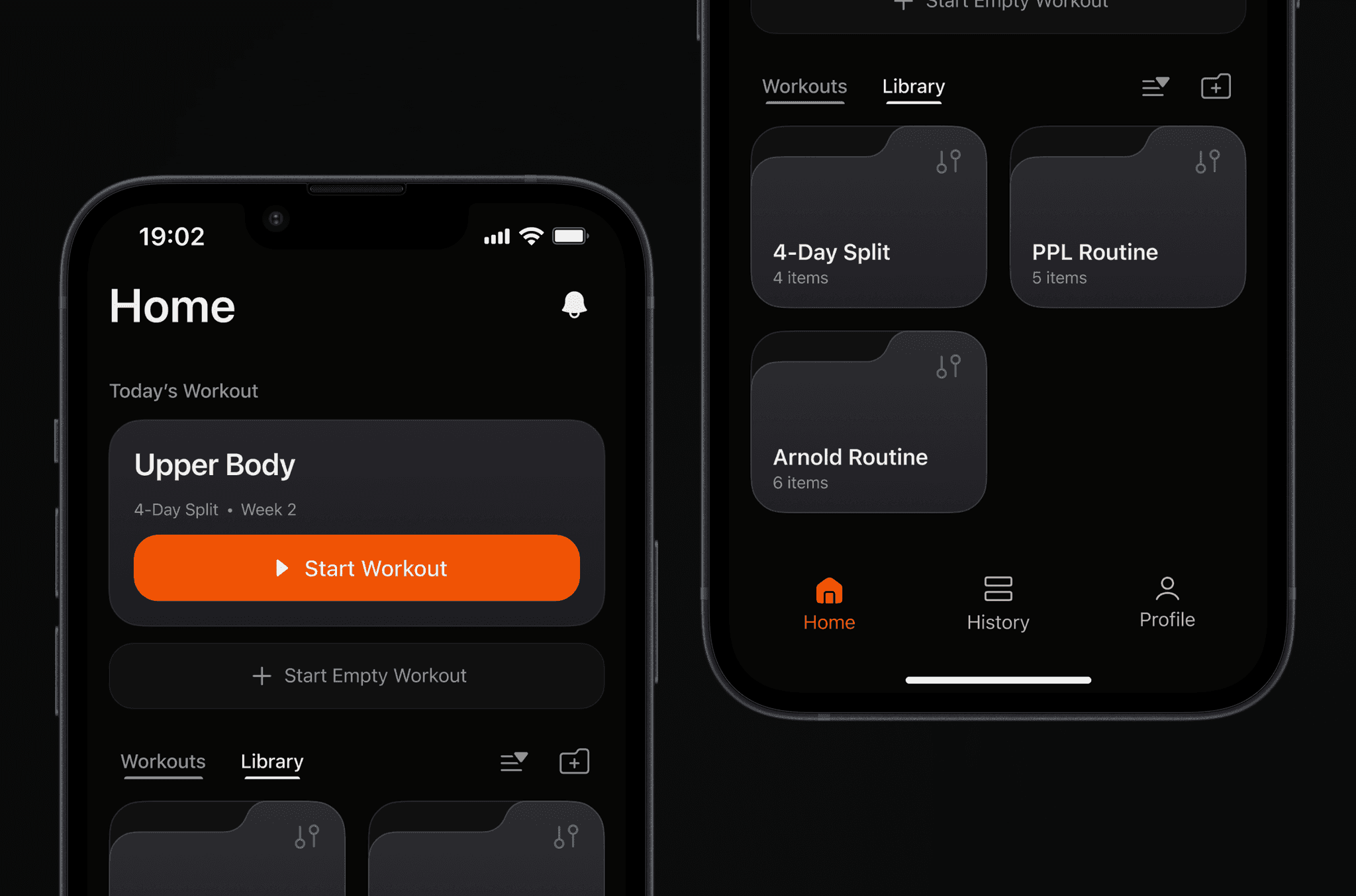 Reps home screen with active workout and exercise library
