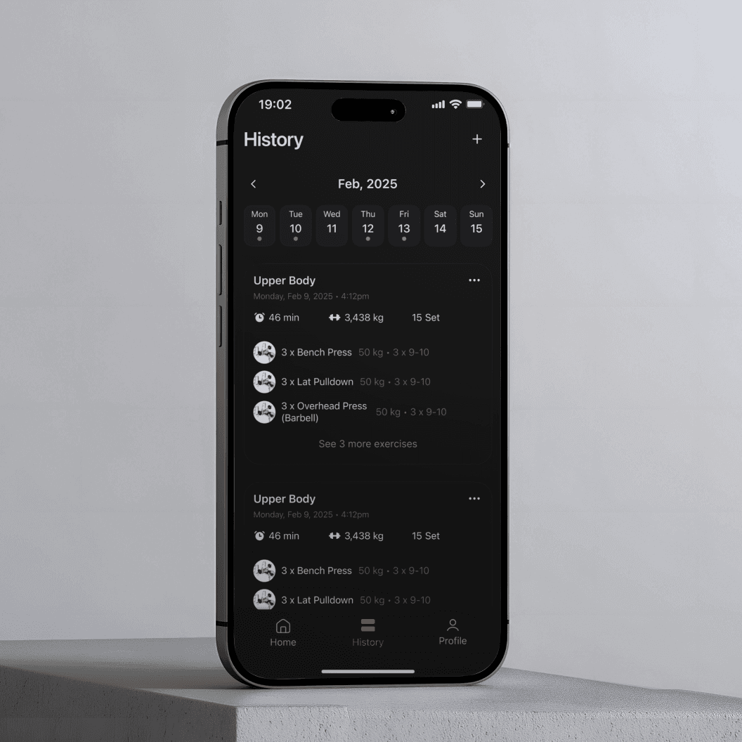 Workout history screen listing past sessions