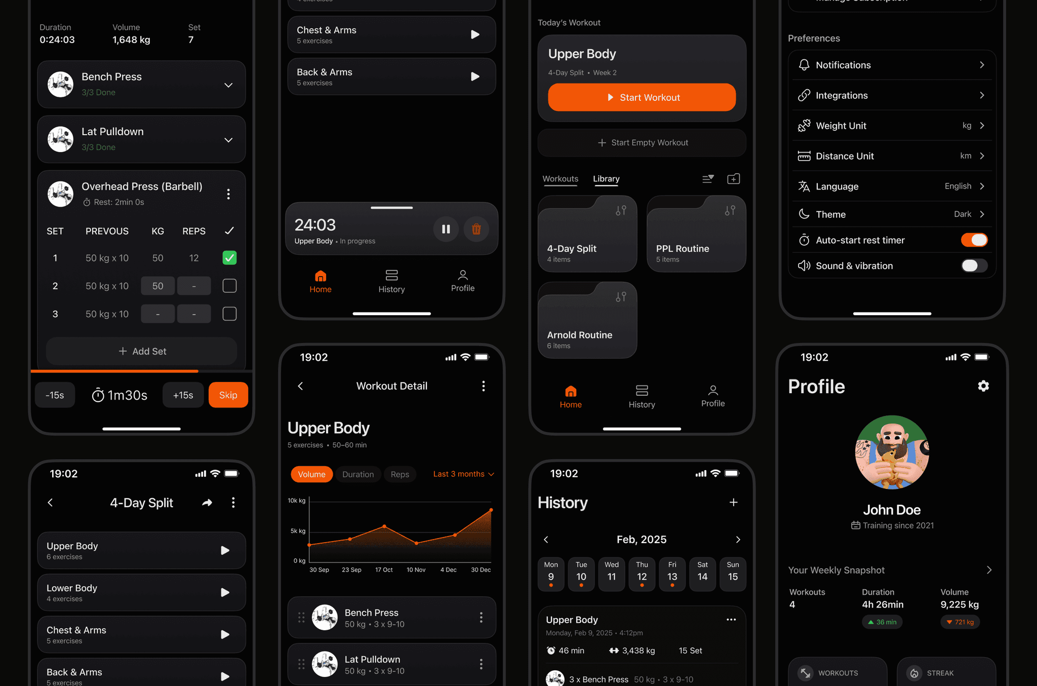 Full set of final Reps screens across logging, history, progress, and profile