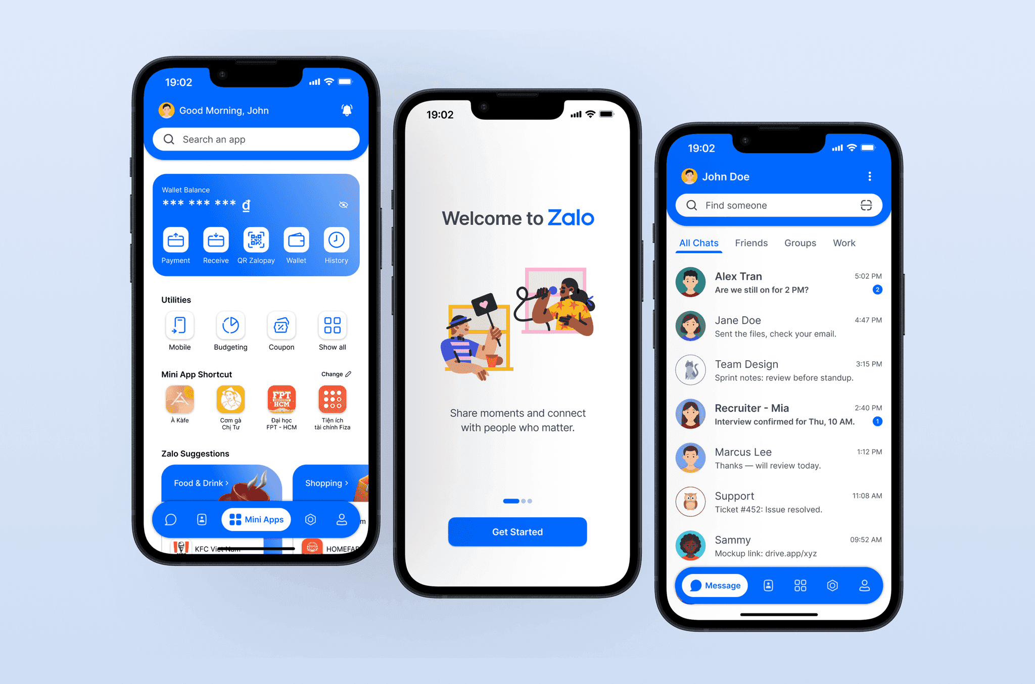 Zalo redesign screens showing home, onboarding, and chat list